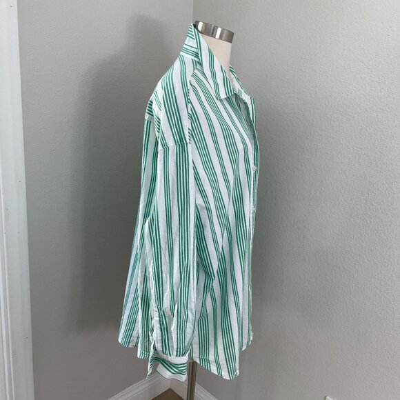 Old Navy Womens XL Boyfriend Shirt Green White Vertical Stripe Button Up Blouse - Picture 3 of 10
